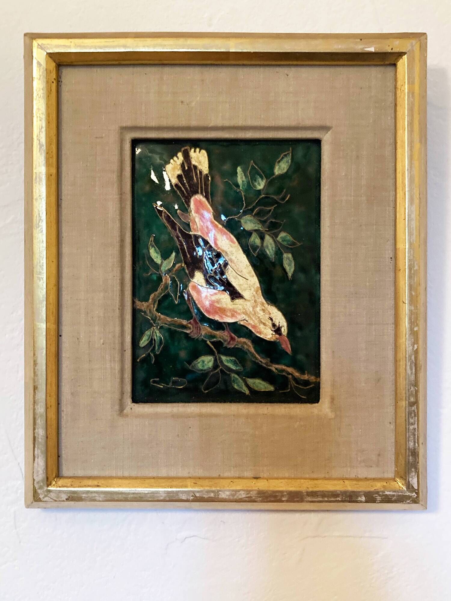 Emaux de Limoges, "Le Loriot", signed by master enameler Christiane Dujardin, 1950s-1960s