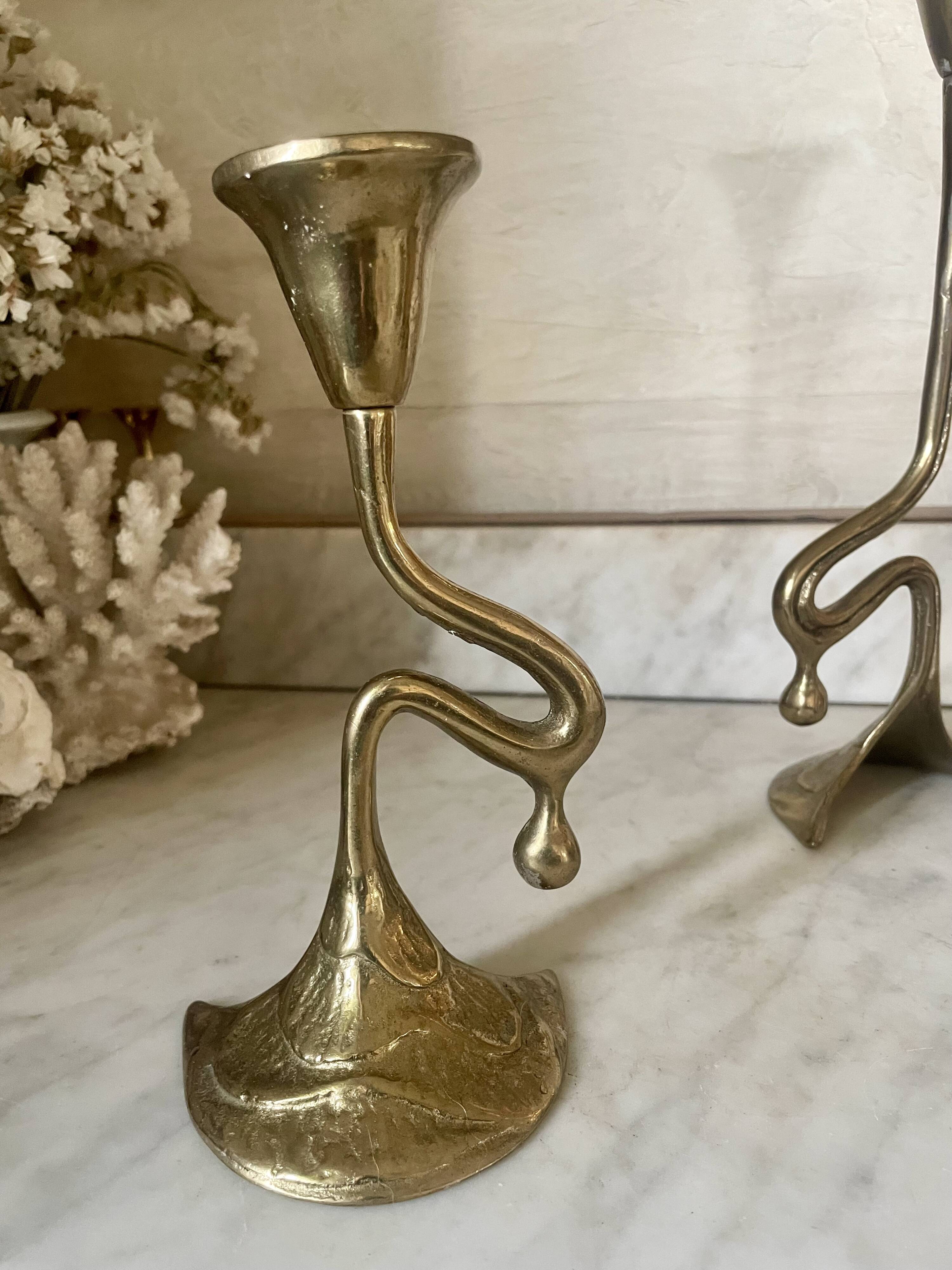 Art Nouveau style brass candlestick trio