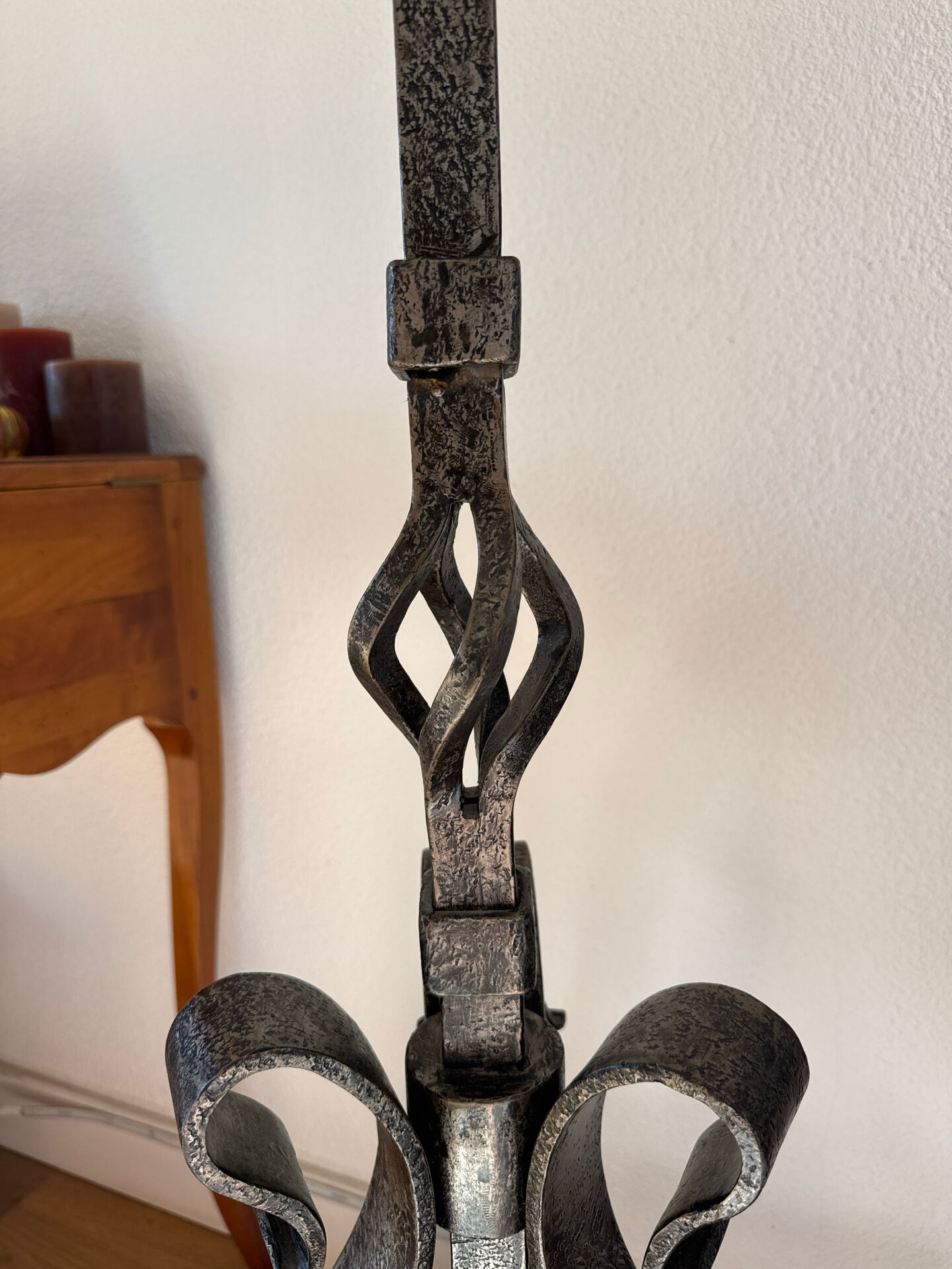 Large hammered wrought iron floor lamp, brutalist style, mid-20th century.