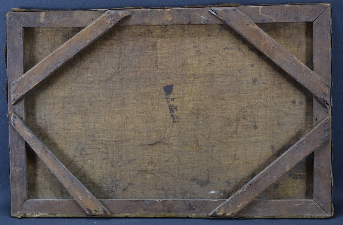 Old painting french pastoral school boat