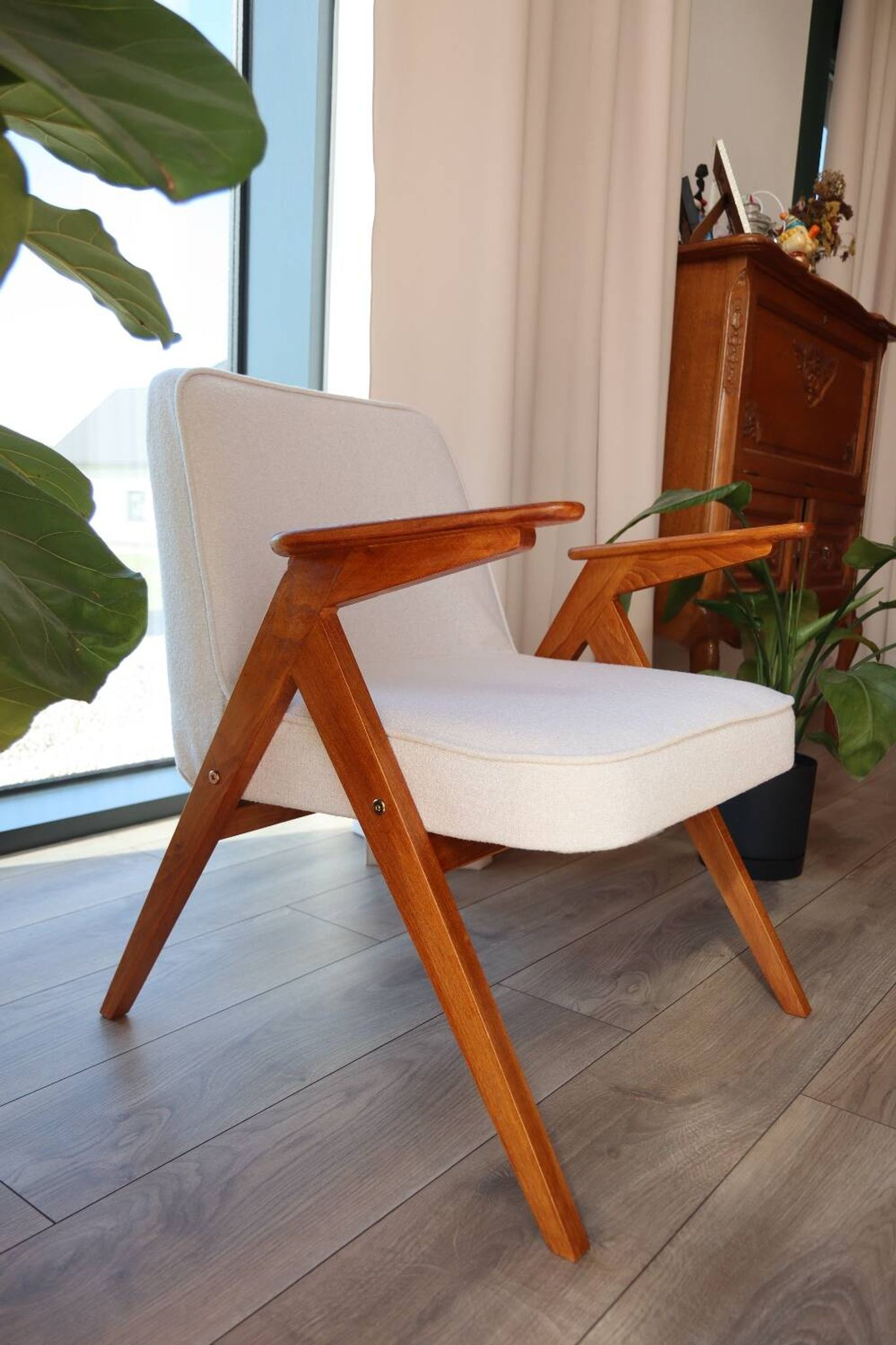 Vintage white armchairs natural wood buckle Scandinavian furniture
