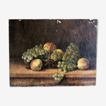 Huile sur toile nature morte aux pommes et aux raisins