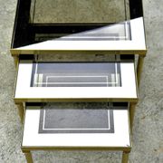 Brass, gold metal and 70s mirror glass tables
