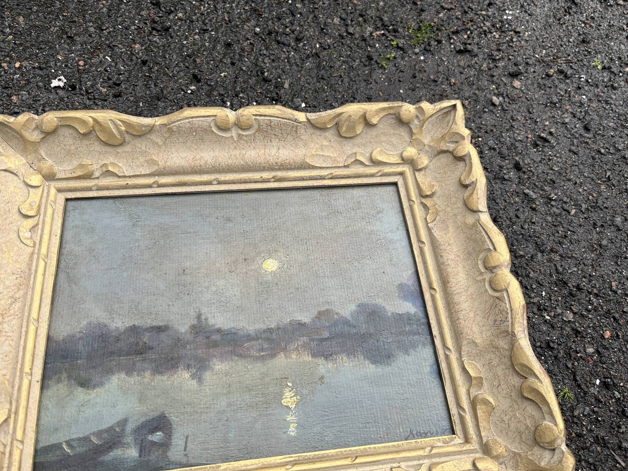 Antique Painting - Night Landscape by the Water and Golden Frame