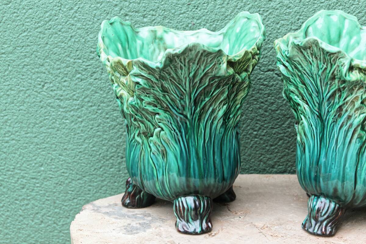 Pair of slip pot covers, cabbage leaves