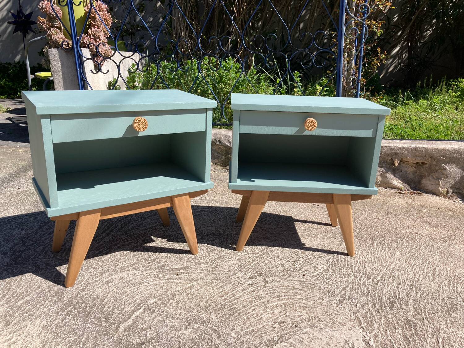 Pair of vintage bedside tables with compass feet/green