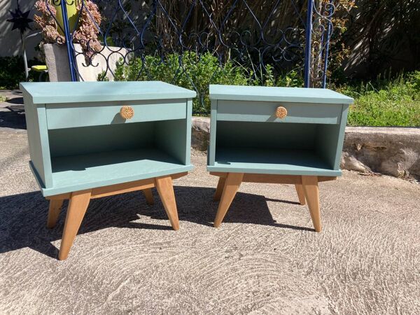 Paire de chevets vintage pieds compas/ vert