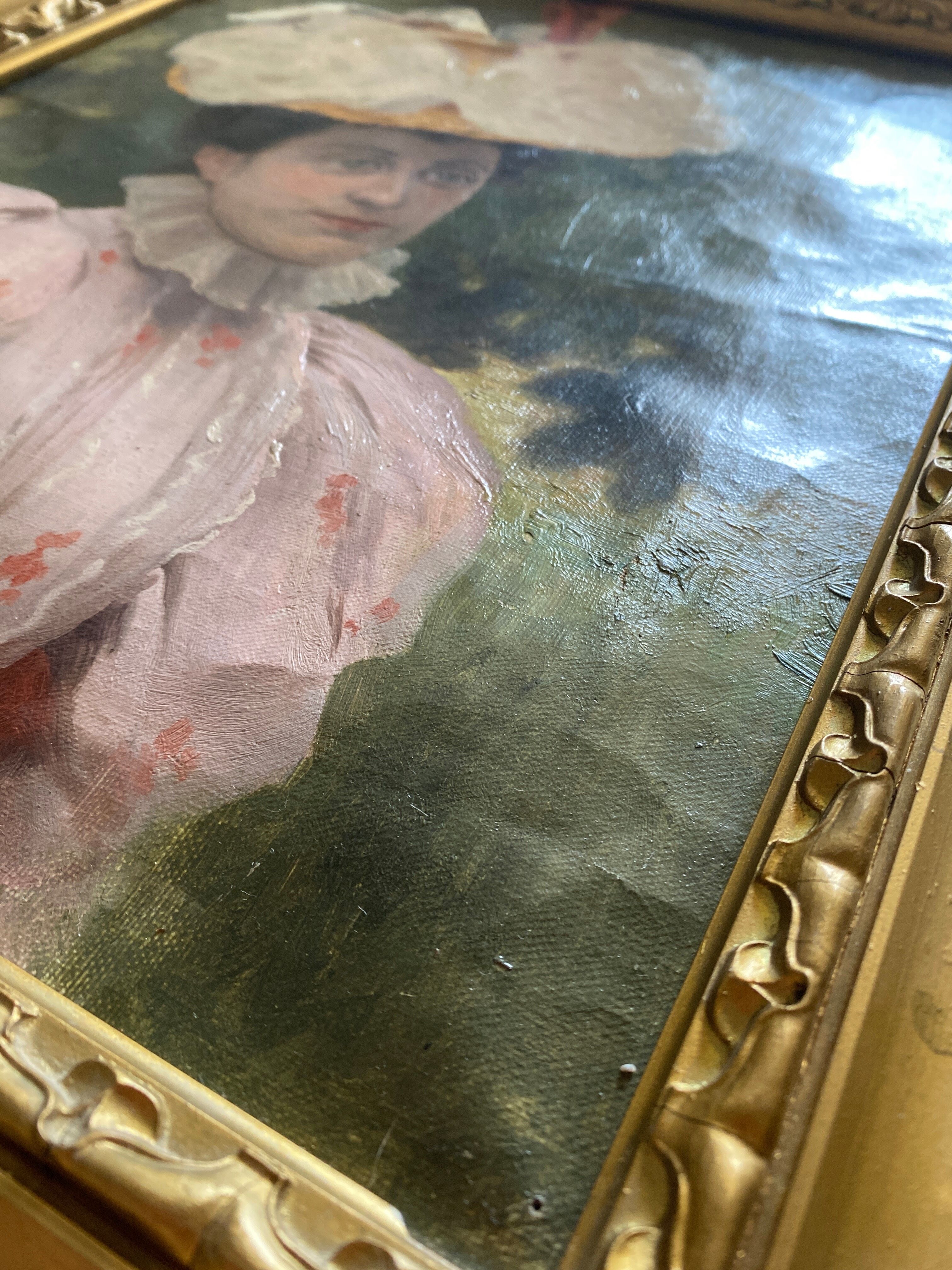 HST painting "Elegant hat surrounded by trees" XIX° century