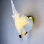 Pair of Italian "Calla Lily" leaf-shaped wall sconces, Murano glass & gilt brass, circa 1970s