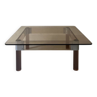square coffee table in smoked brown plexiglass and chrome, 1970s design