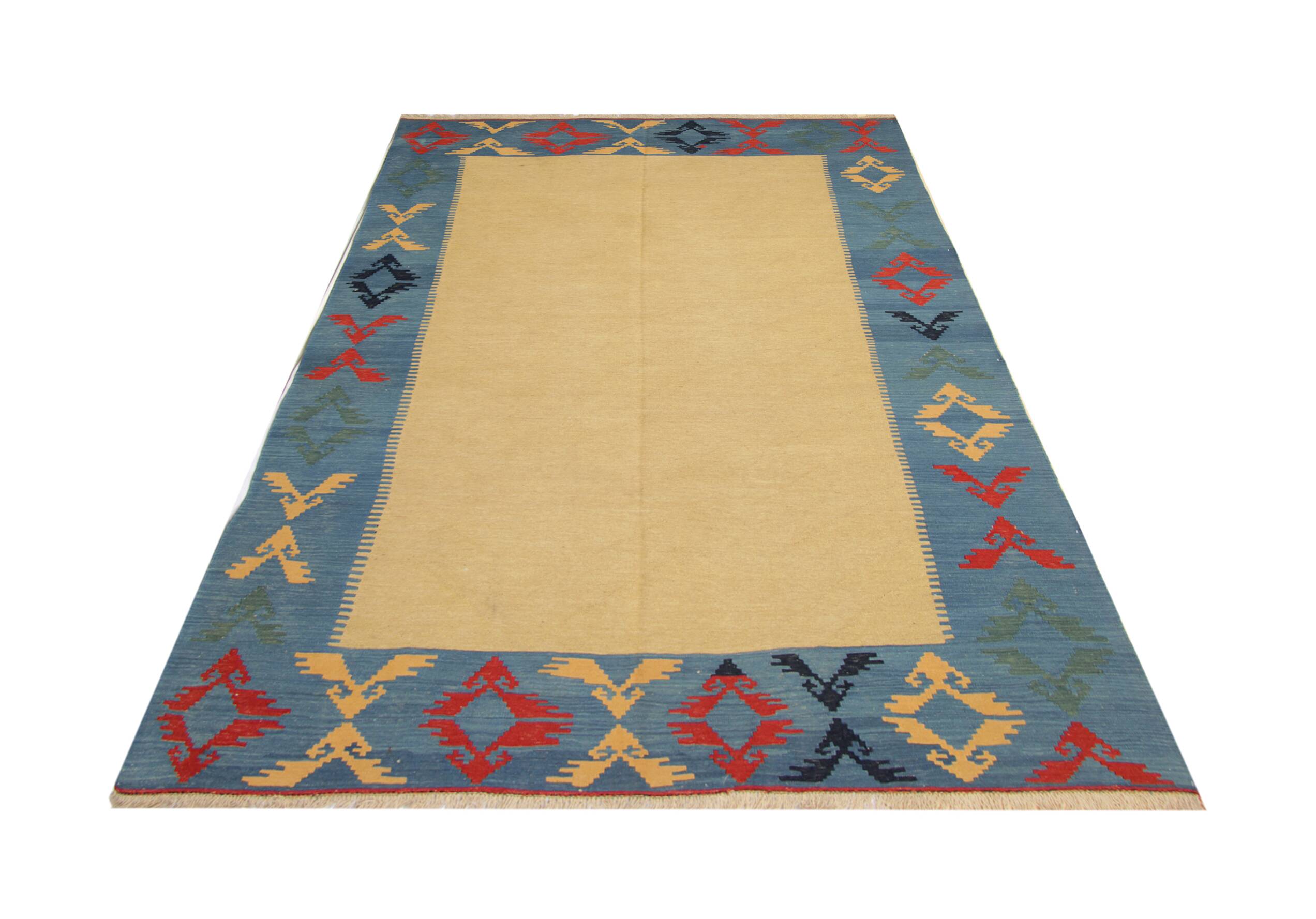 Large Yellow Kilim Rug, Gold Geometric Tribal Wool Carpet 300 x 202 cm