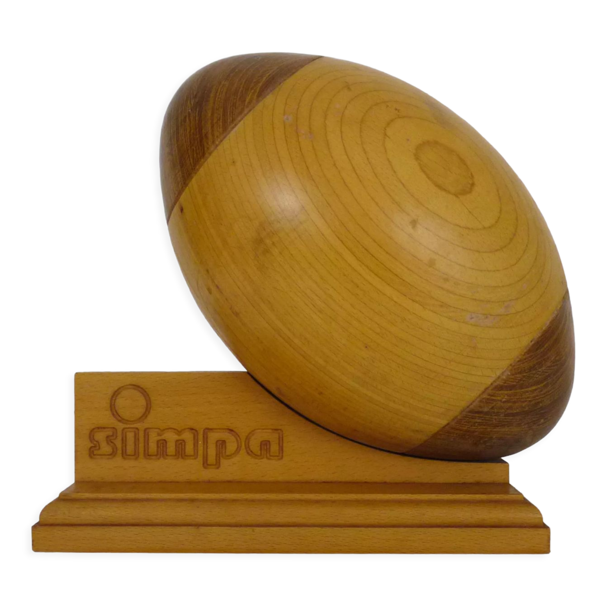 Ballon de rugby publicitaire taille réelle en bois, Simpa, années 80 90