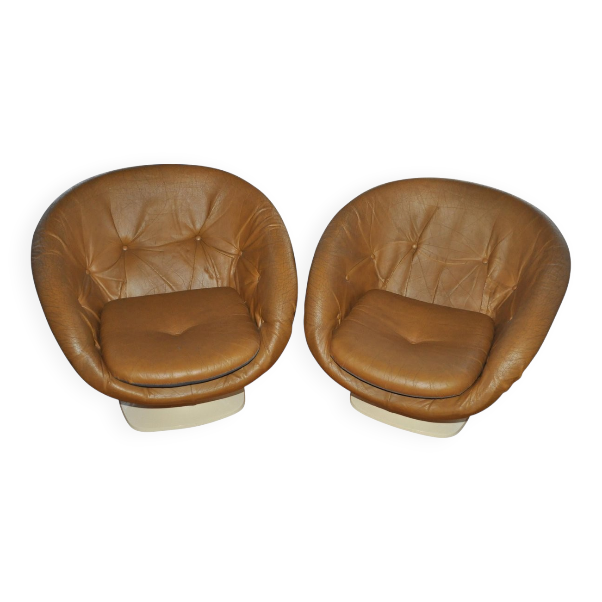Paire de fauteuils club tulipe en plastique ivoire et cuir marron par Rafael Raffel (1970s)