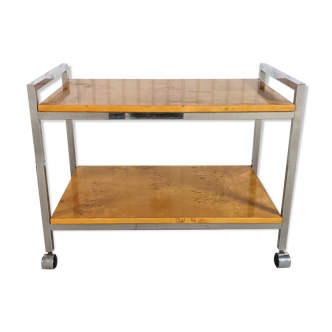 Vintage rolling side table in elm burl and chrome, 1970s