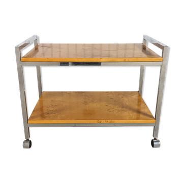 Vintage rolling side table in elm burl and chrome, 1970s