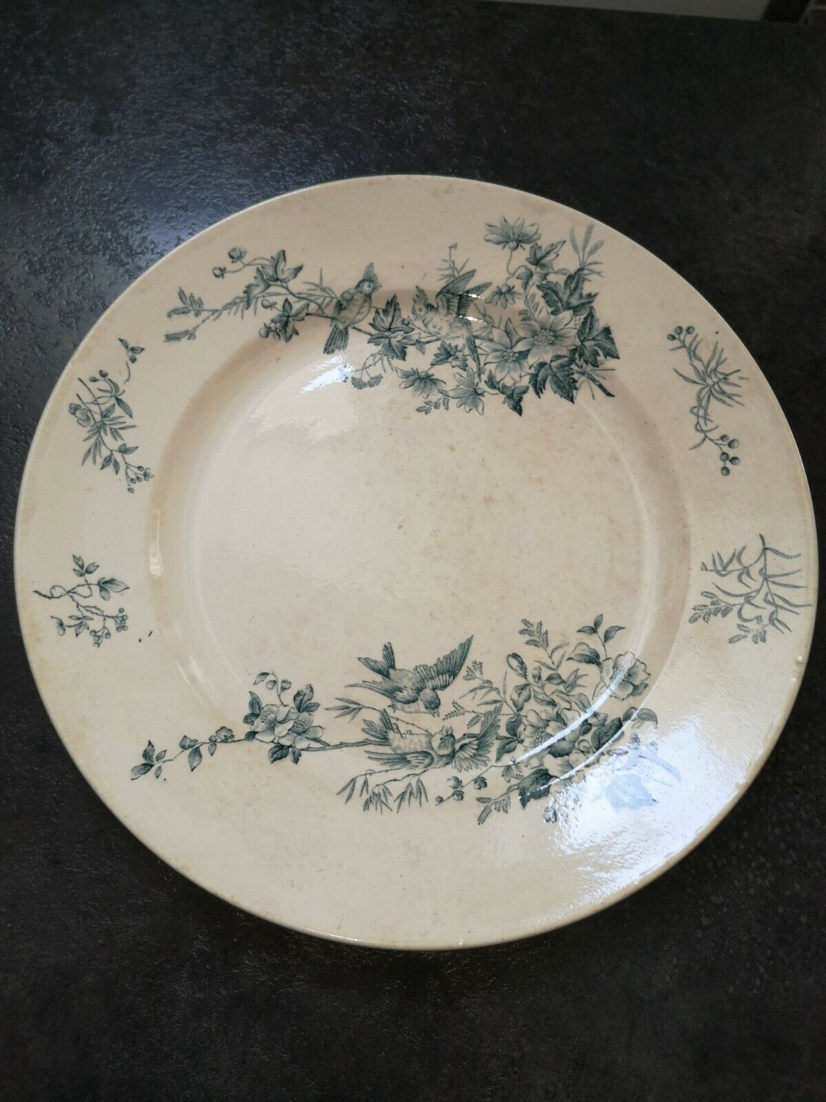 Assiette ronde/plat rond ancien faïence longwy mignon oiseaux terre de fer ø 31.5 cm