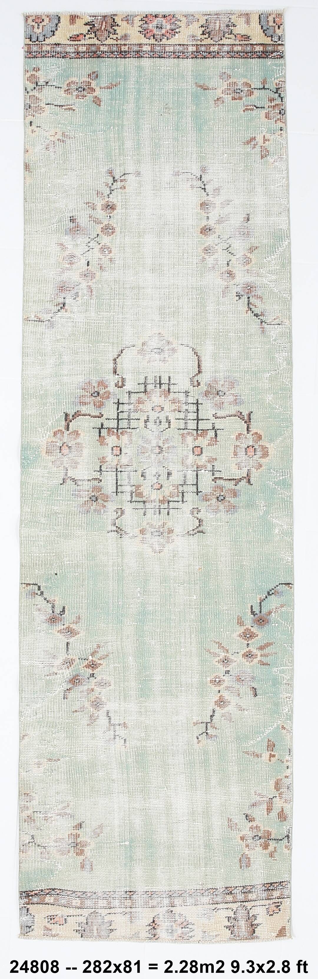 3x9 Light Green Persian Vintage Runner Rug, 81x282Cm