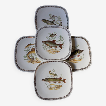 5 assiettes à poisson, porcelaine Manufacture Longchamp, 1950