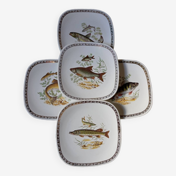 5 fish plates, Manufacture Longchamp porcelain, 1950