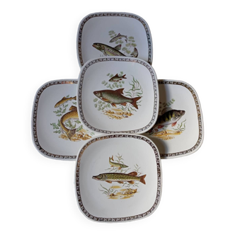 5 assiettes à poisson, porcelaine Manufacture Longchamp, 1950