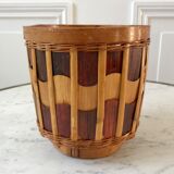 Cache-pot en bois et rotin années 70