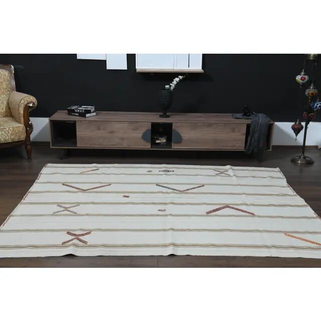 White Brown Antique Handmade Wool Kilim Rug 190x251