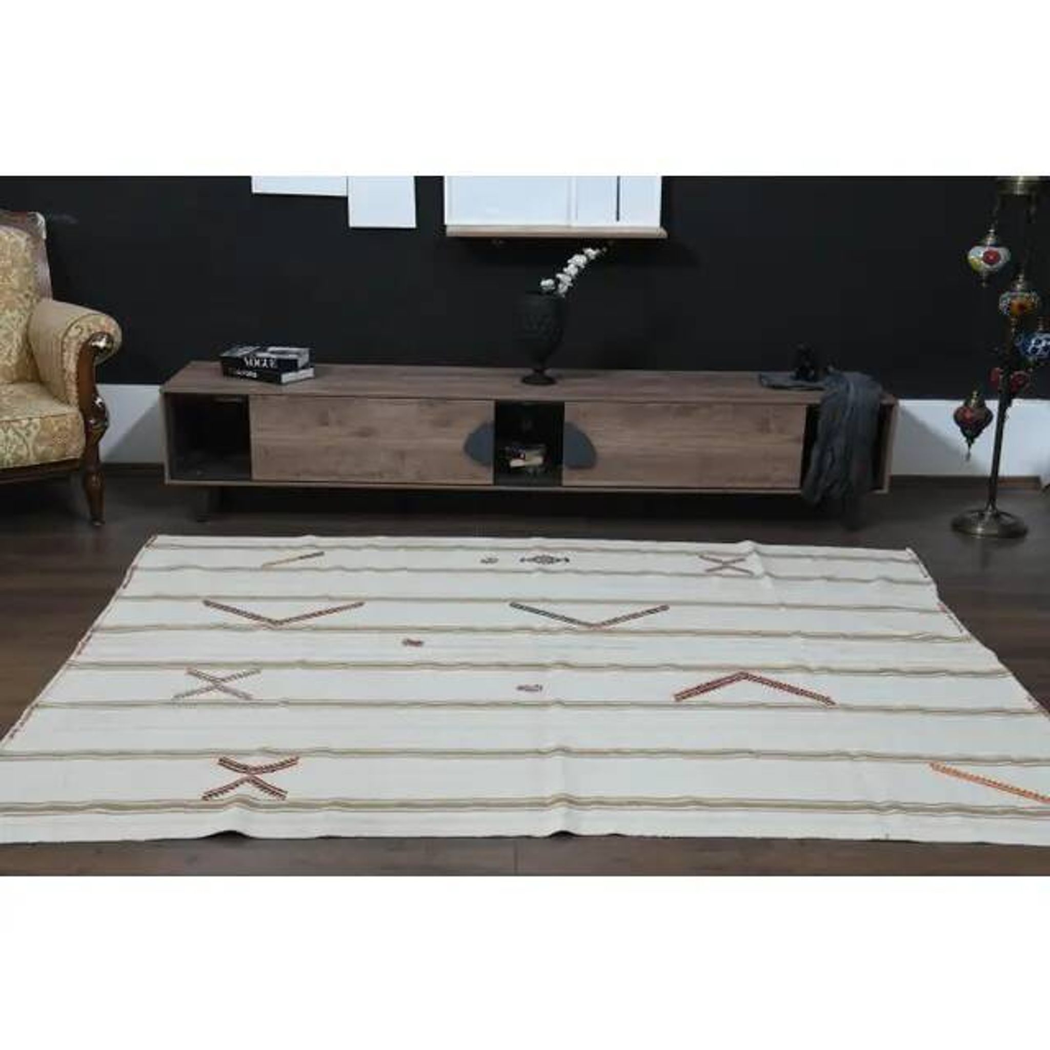 White Brown Antique Handmade Wool Kilim Rug 190x251