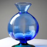 Petit vase globe à pied cristal vintage bicolore bleu et vert