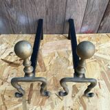 Pair of Antique Black Cast Iron + Vintage Bronze Fireplace Andirons