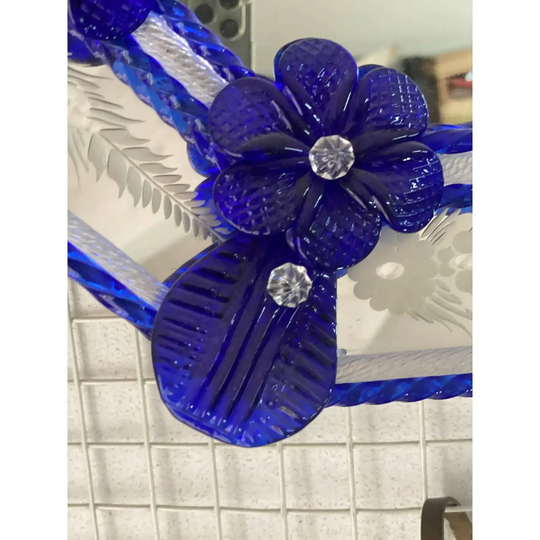 Elegant Italian Octagonal Murano Glass Mirror with Blue Floral Carved Detal