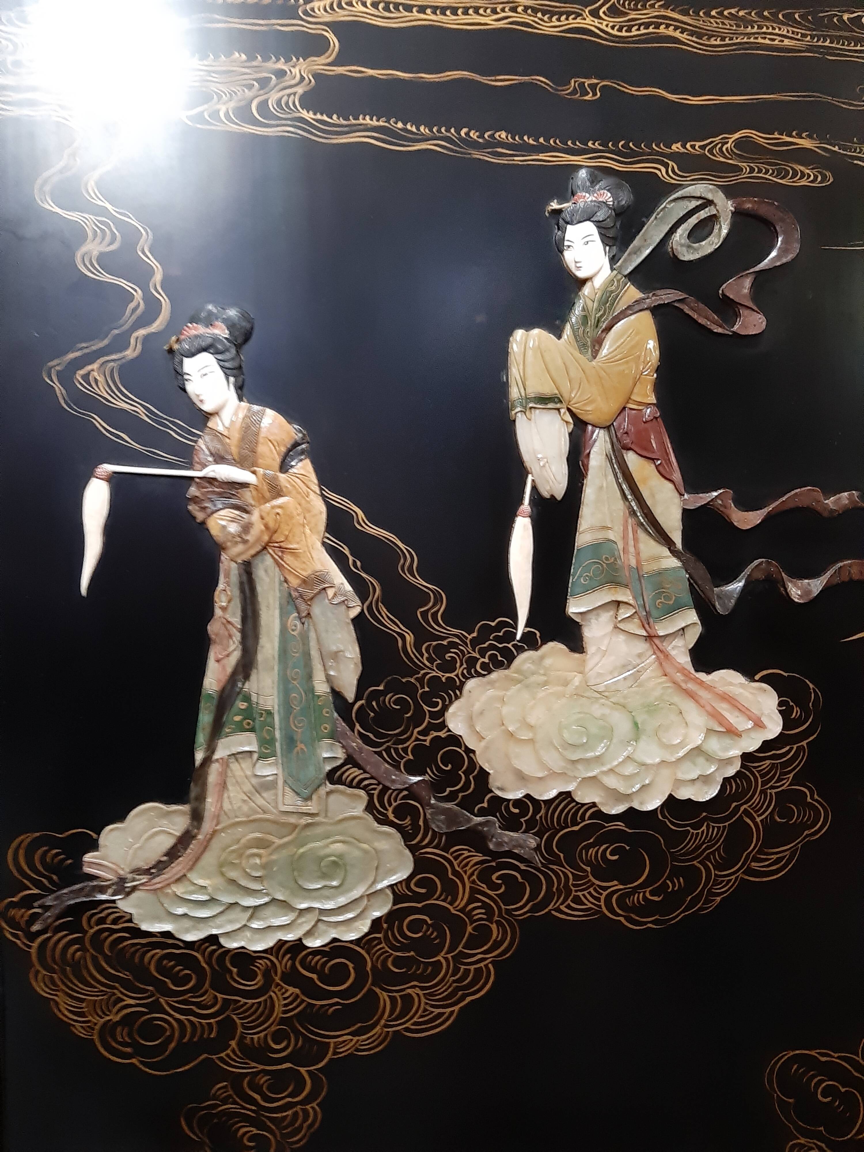 Chinese screen laqué wood and stone marquetry