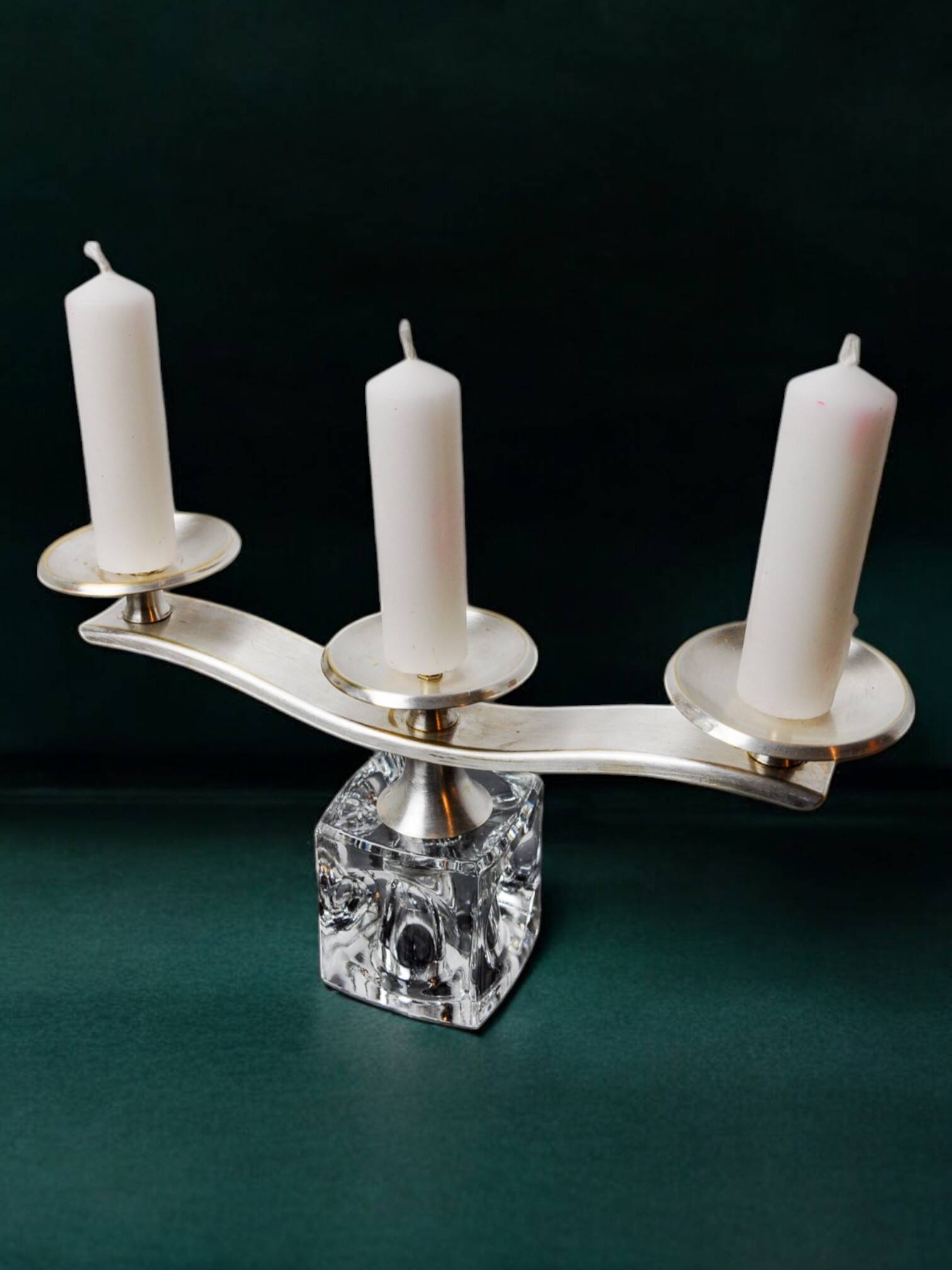 Ice cube candle holder by Peill & Putzler, 3 flames, glass and silver-plated metal, all