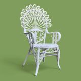 Peacock armchair and chair in white rattan, 1970