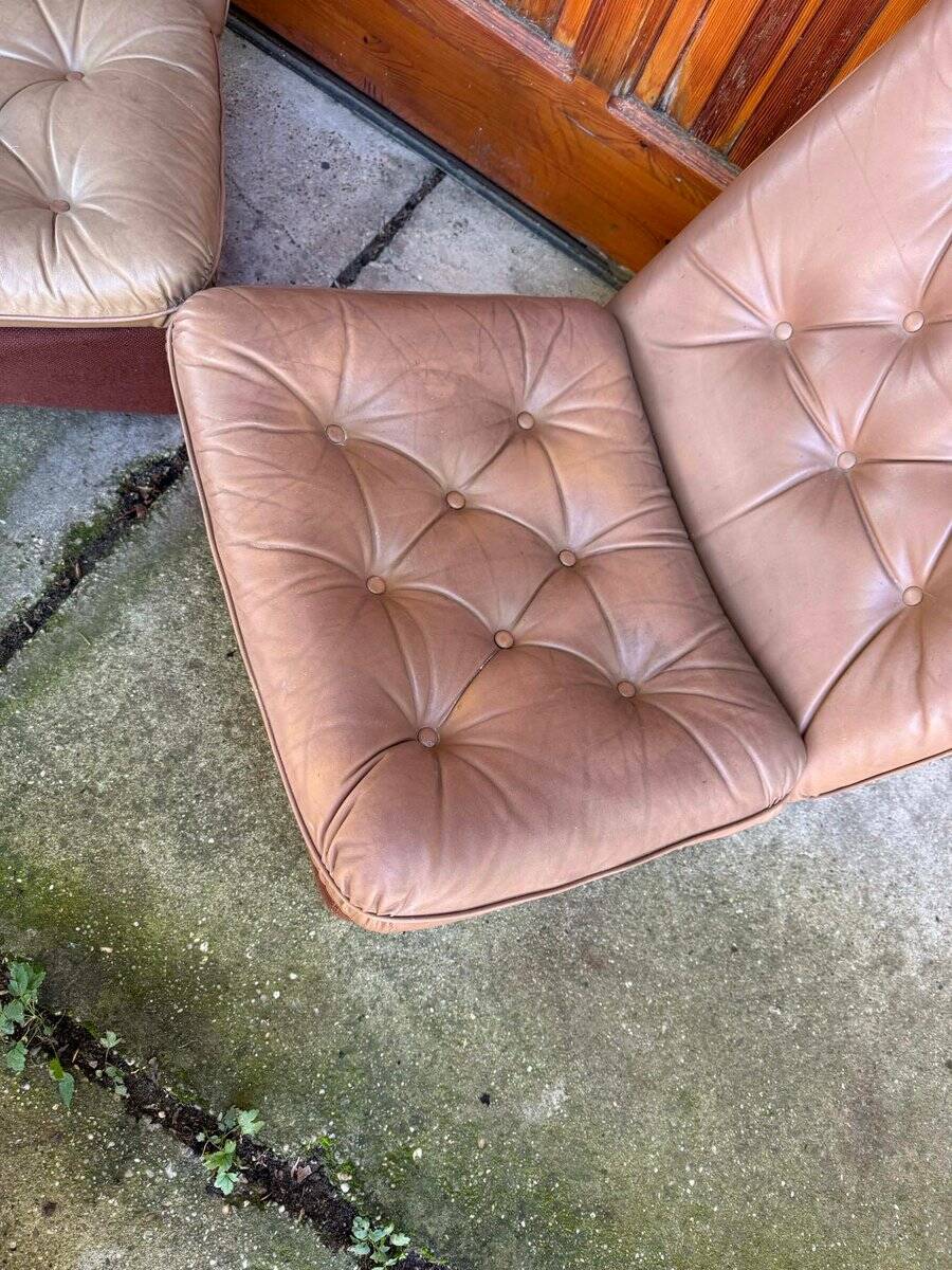 Set of mid-century modern brown leather and fabric chairs, 1960s