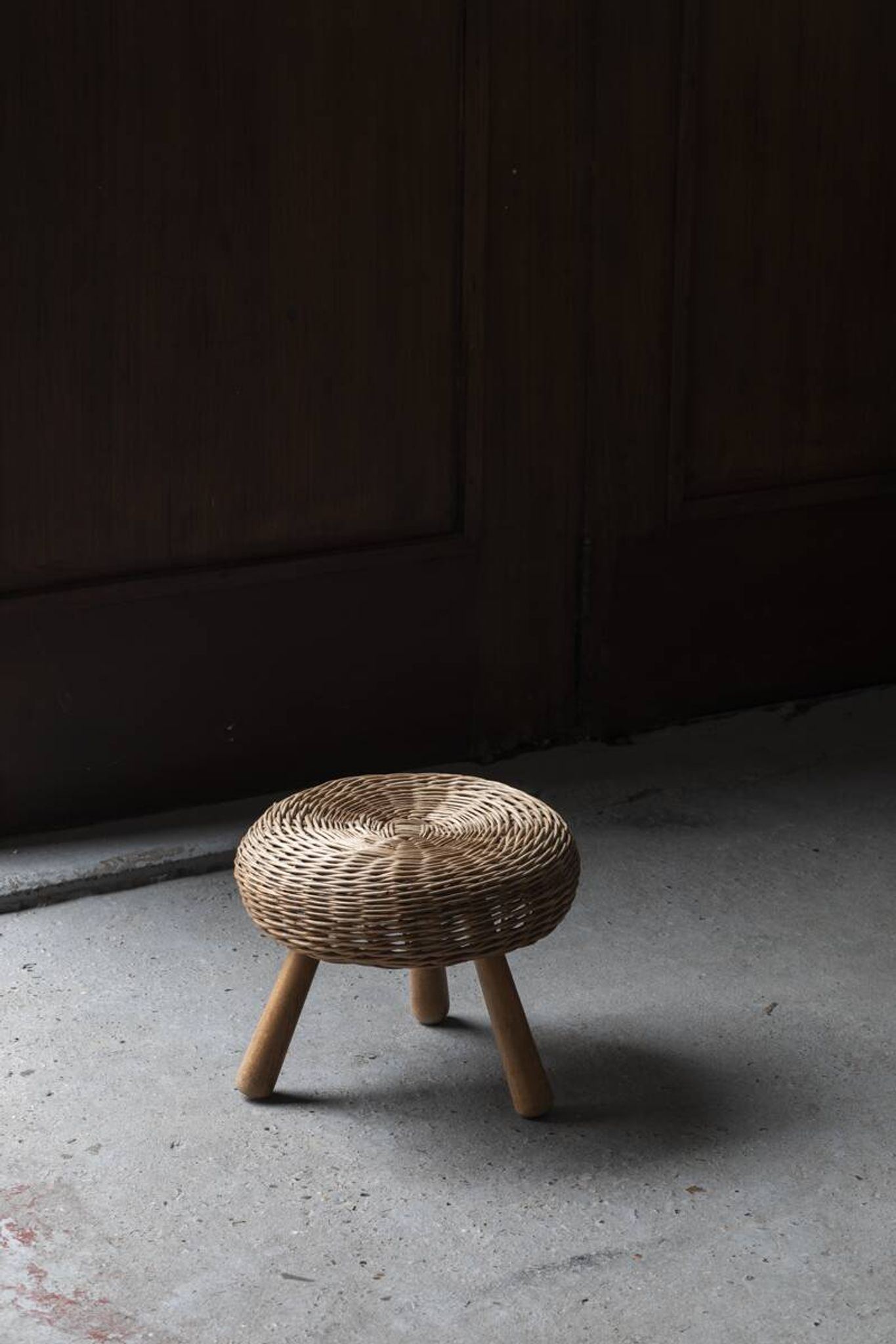 Wicker tripod stool by Tony Paul, 1950s, USA