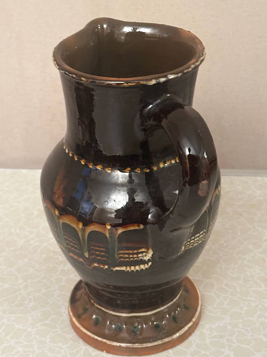 Vintage Romanian glazed pottery pitcher