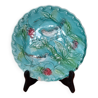Petite assiette en barbotine, motifs oiseaux turquoise