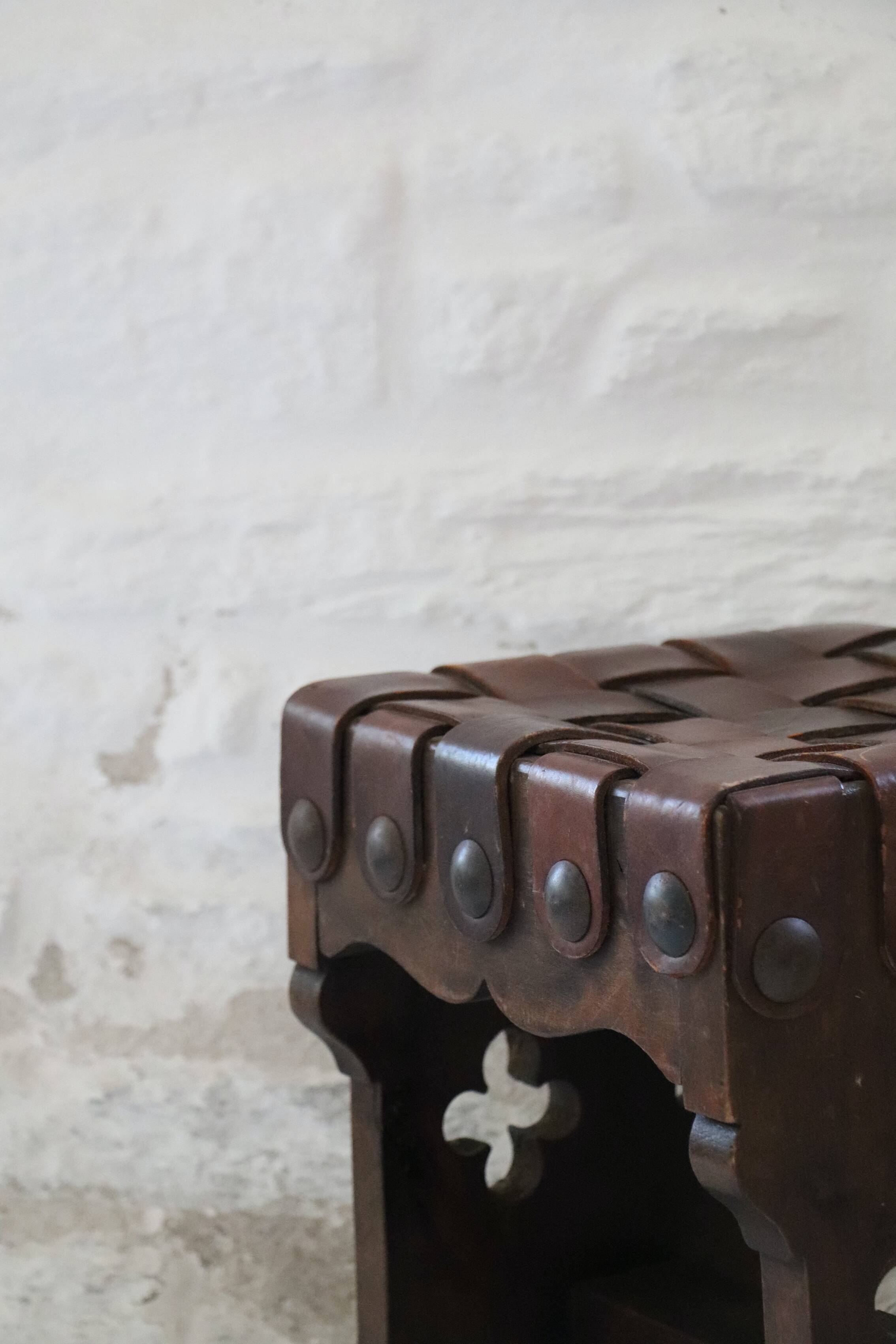 Pair of XX brutalist design wooden and leather stools