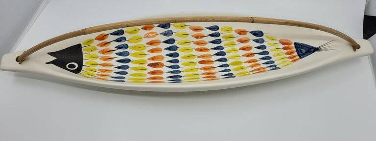 French ceramic empty pocket cup, Roger Capron, fish decoration Vallauris 1950