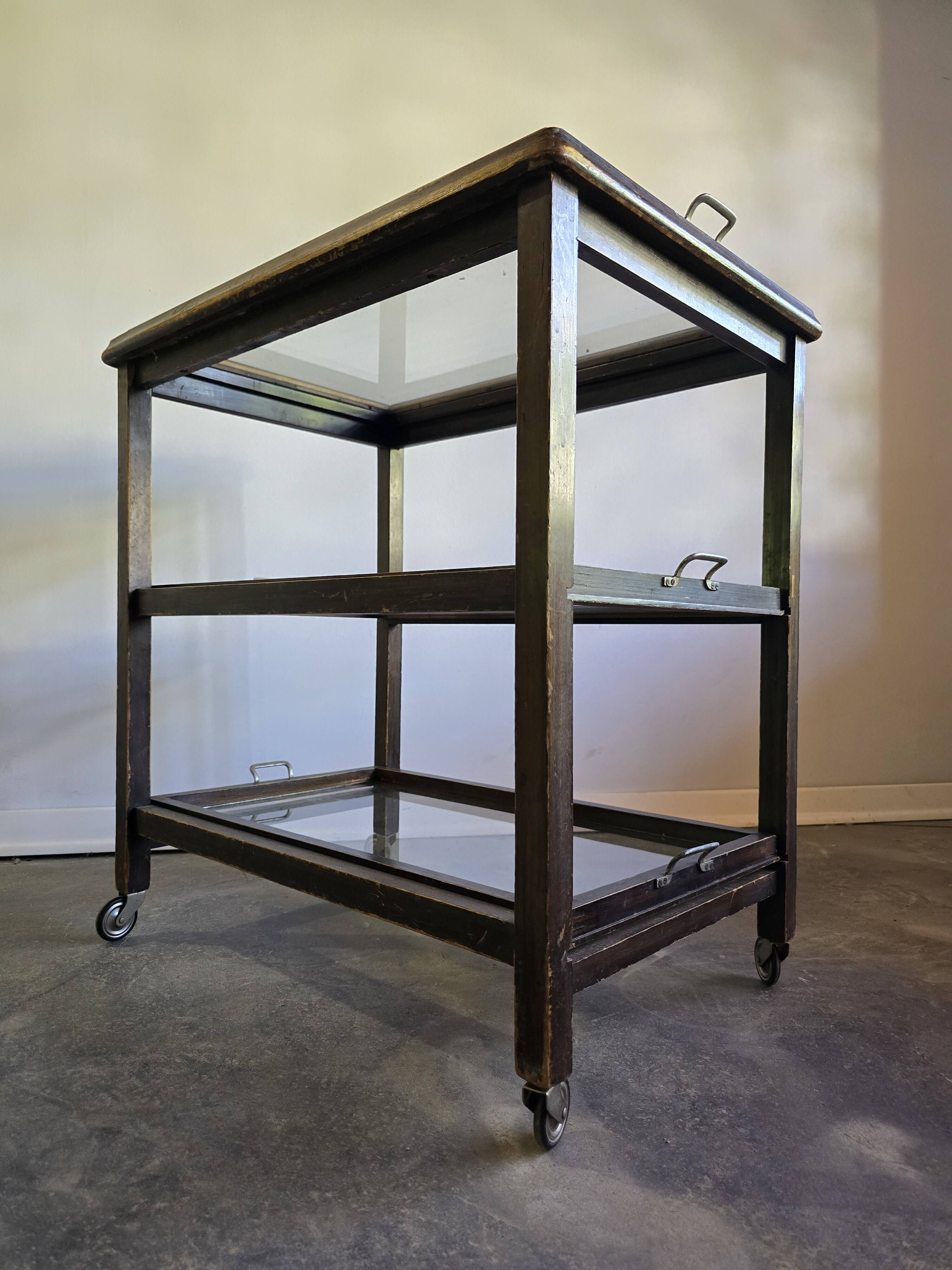 30s Art Deco Bar Cart / Serving Trolley with Removable Glass Trays