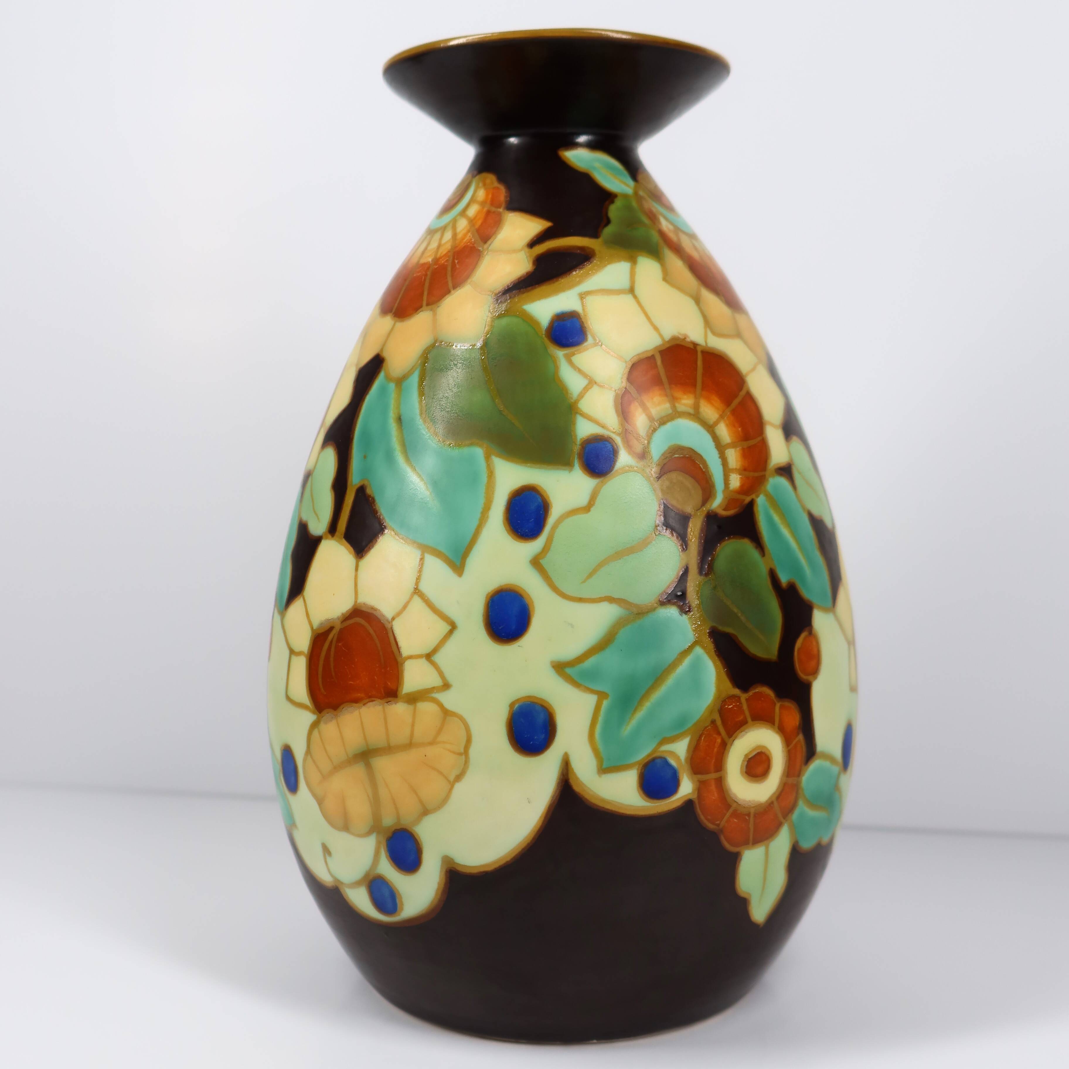 Art Deco vase by Boch Keramis with stylised floral decoration.