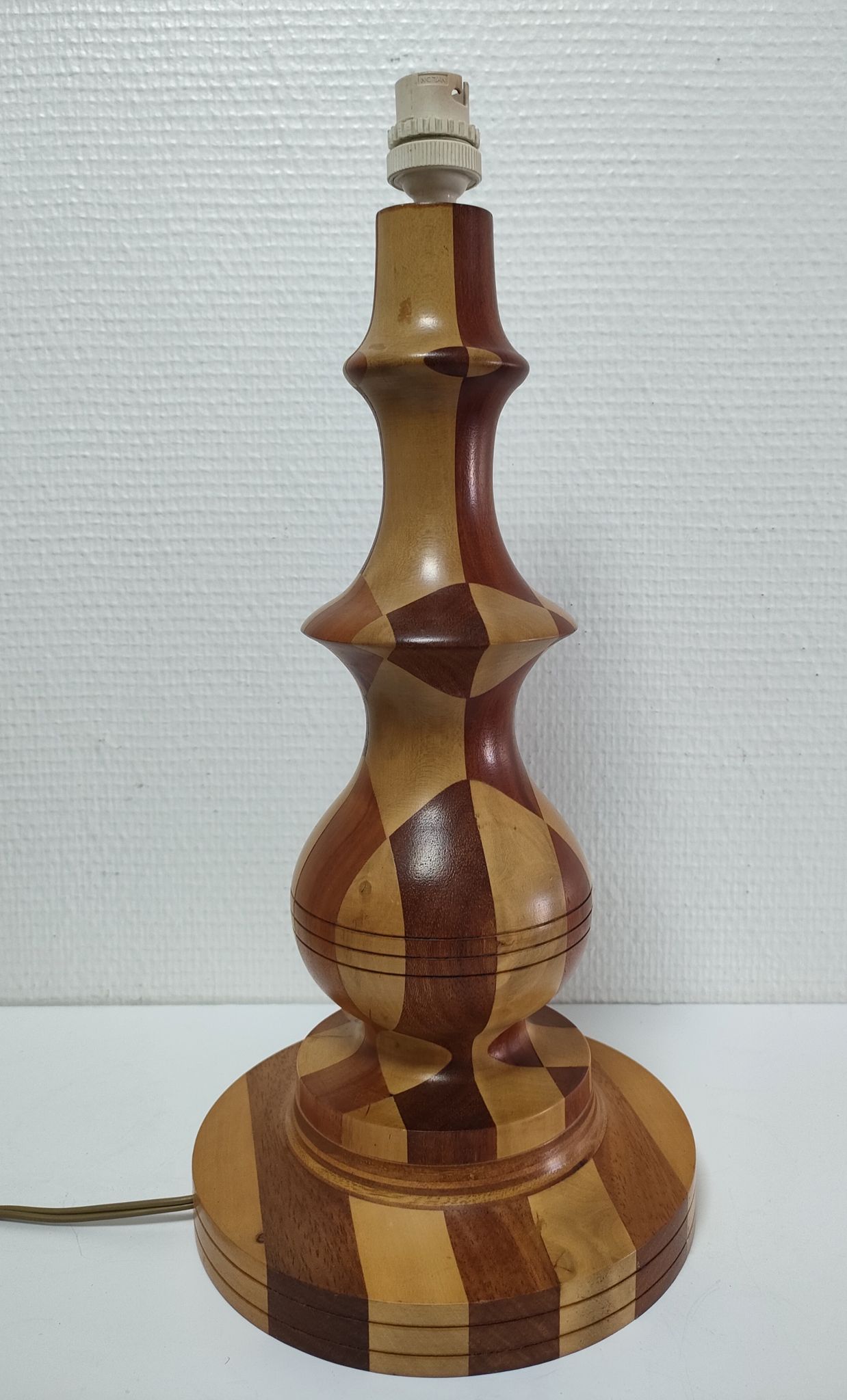 Turned wooden lamp and vintage wood inlay