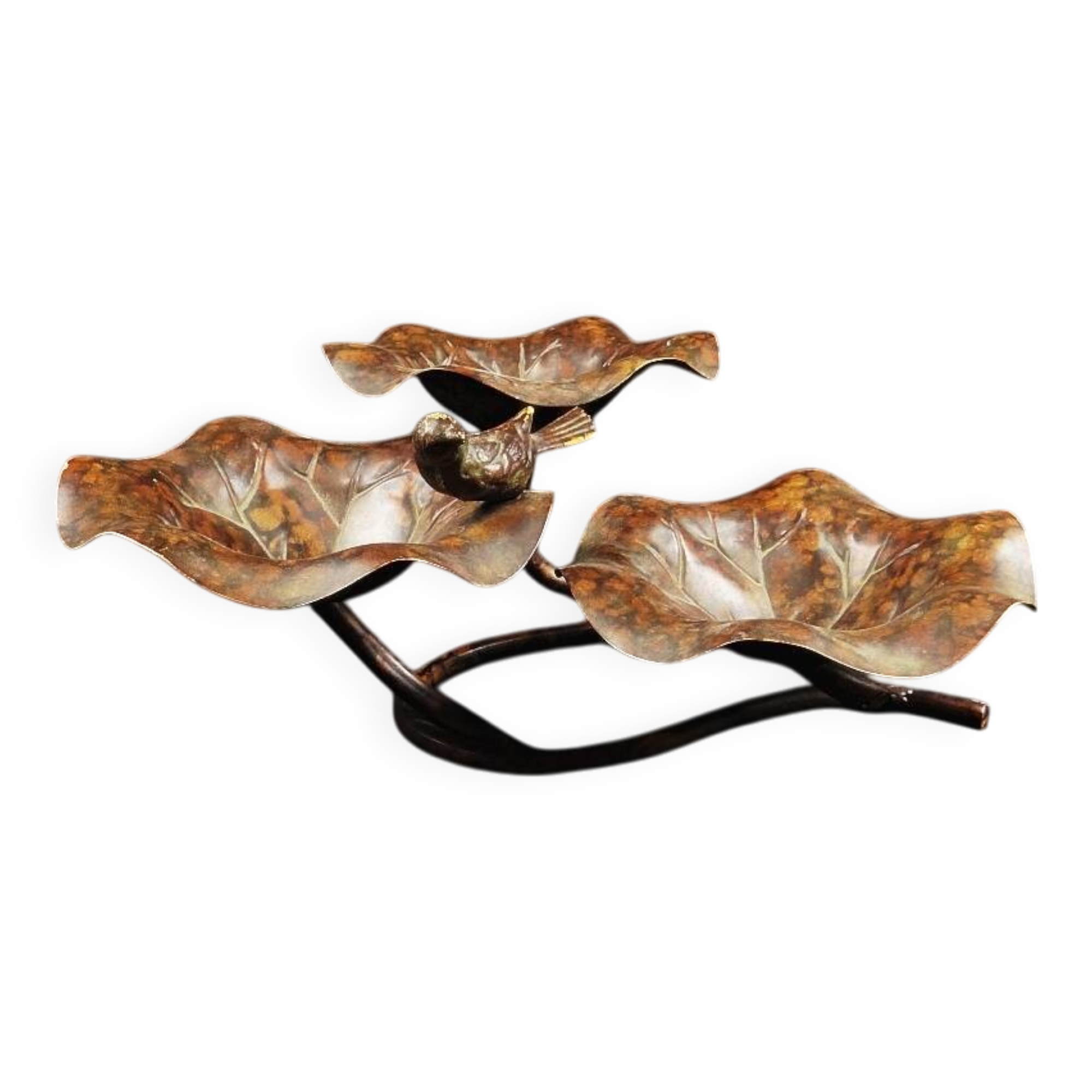 Three-tiered lotus leaf shaped patinated metal bird bath