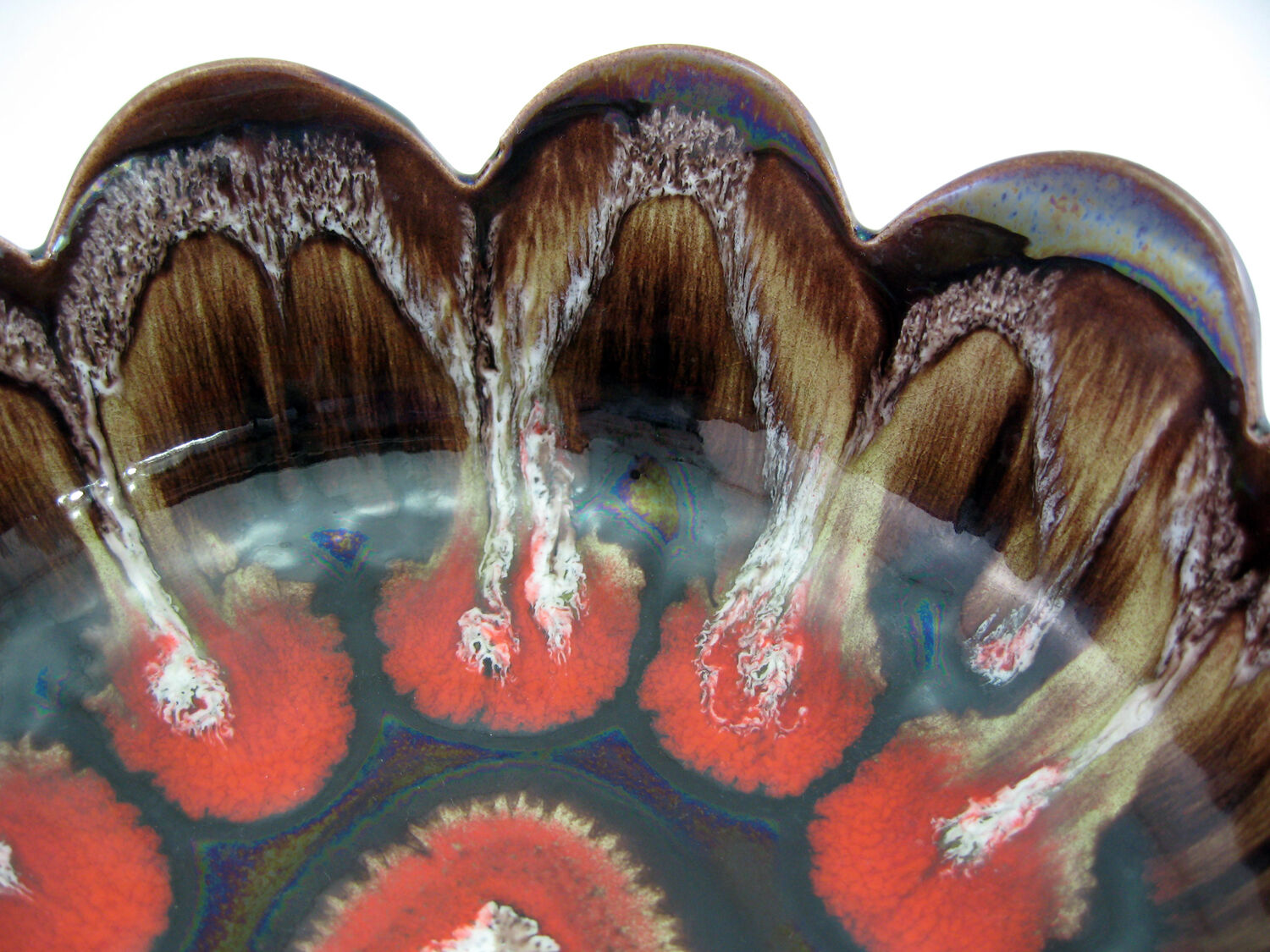 Brown and red ceramic fruit bowl Vallauris France, vintage 70s