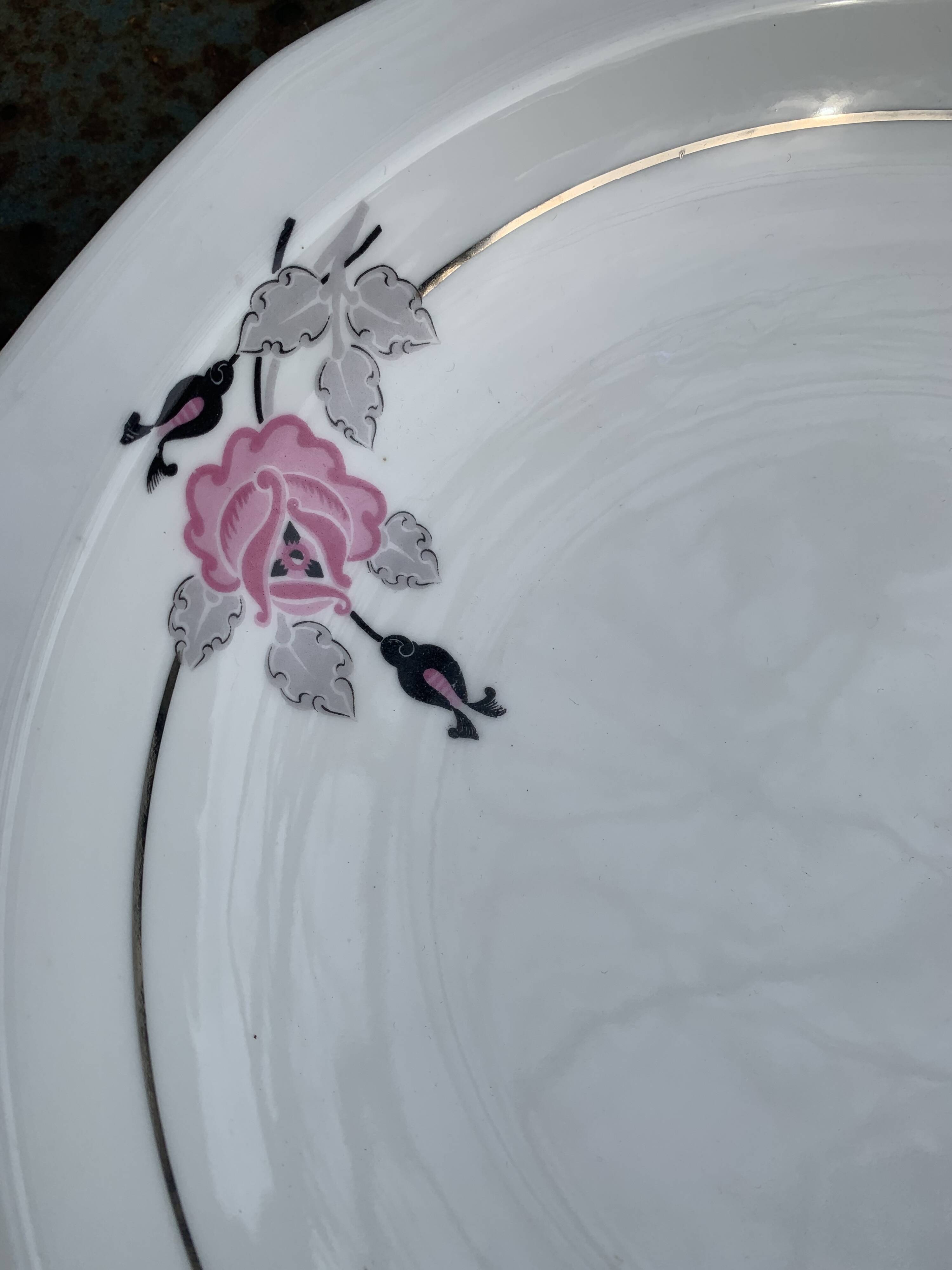 Set of two art deco porcelain dishes, limoges france, BRB, pink flowers