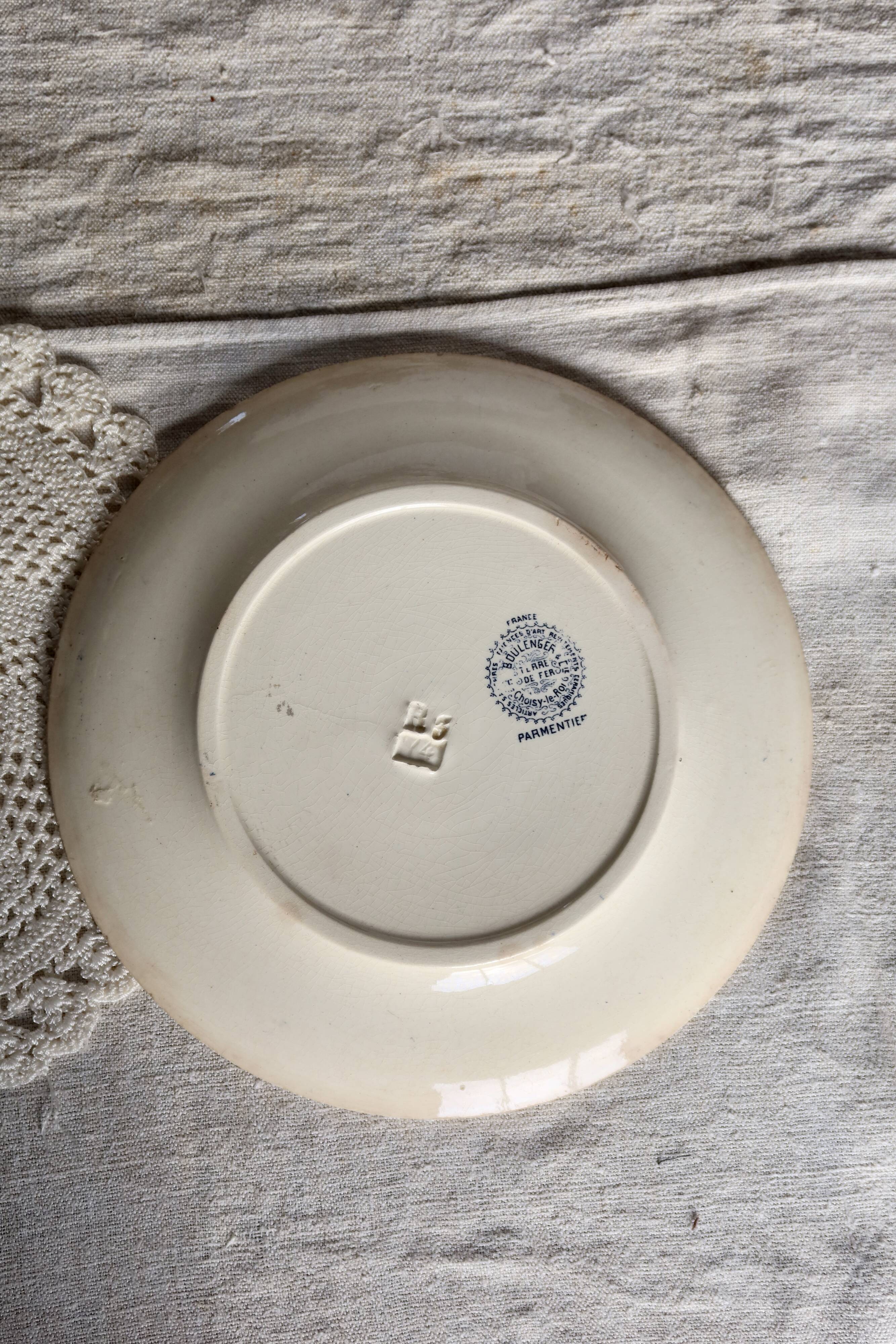 Antique flat plate, ironstone, Boulenger, Choisy-le-Roi "Parmentier"
