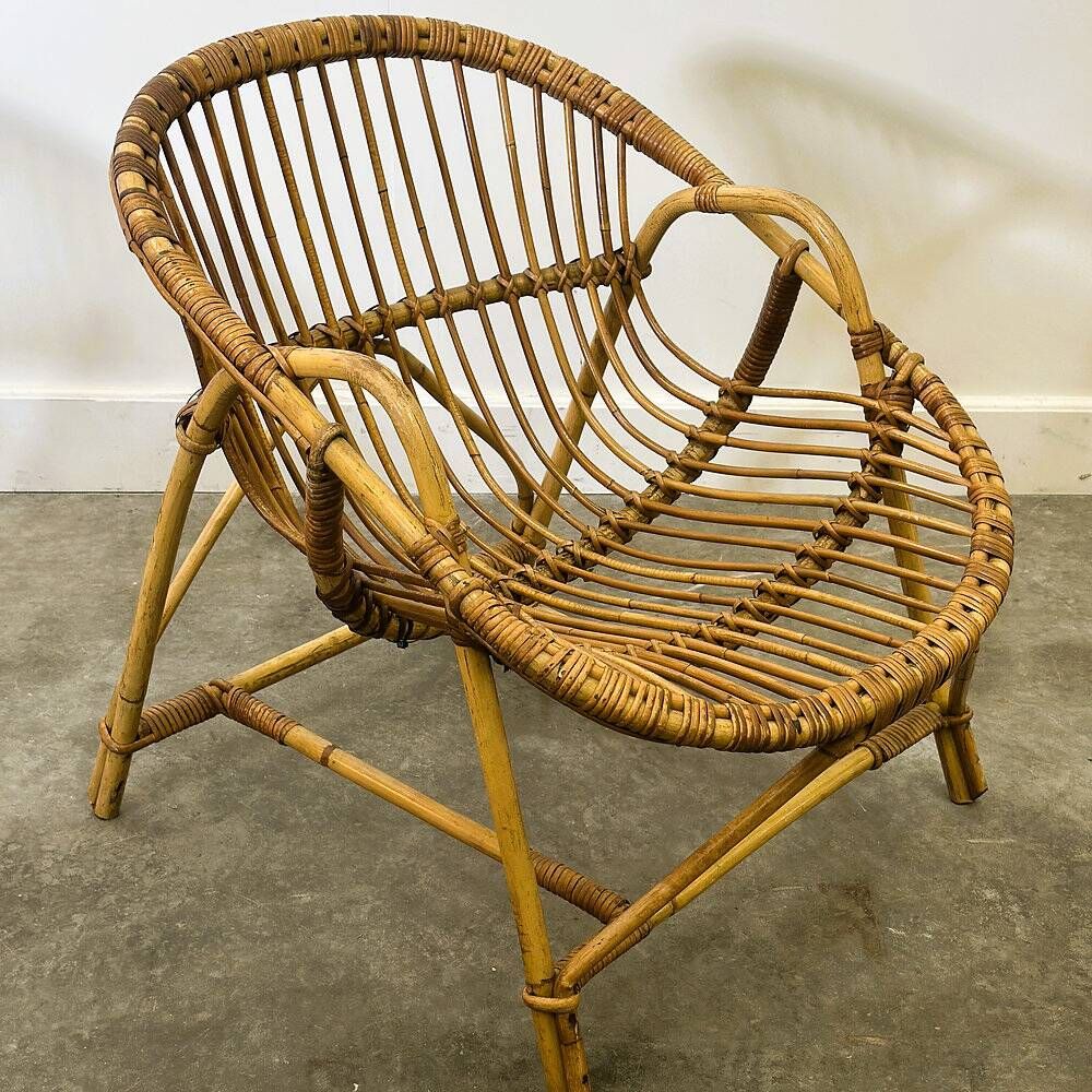 Mid-century French Riviera rattan lounge chairs – pair – 1960s organic design