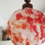 Art deco wood and  murano glass red globe hanging lamp