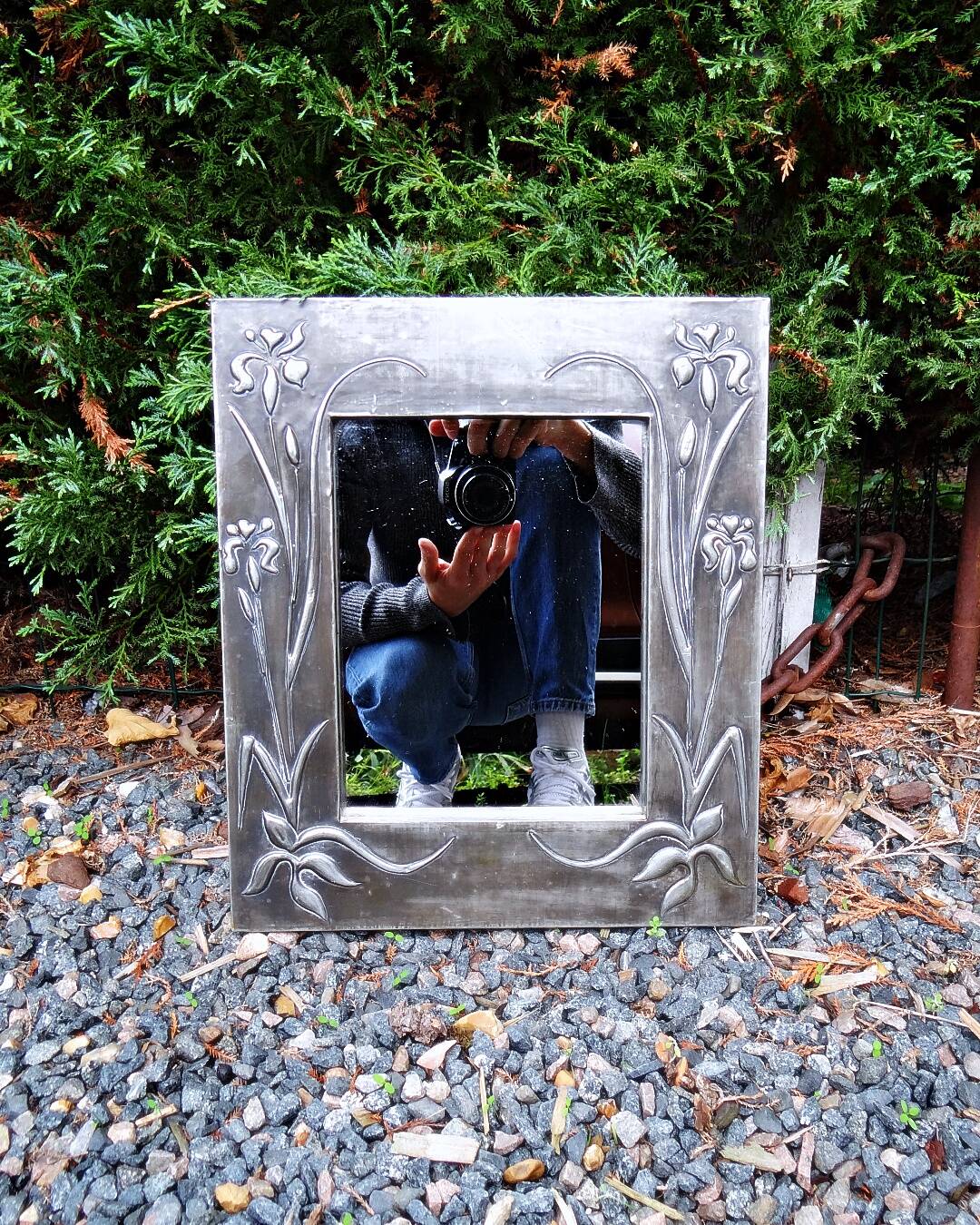 Vintage 70s Art Nouveau style hand-embossed tin wall mirror