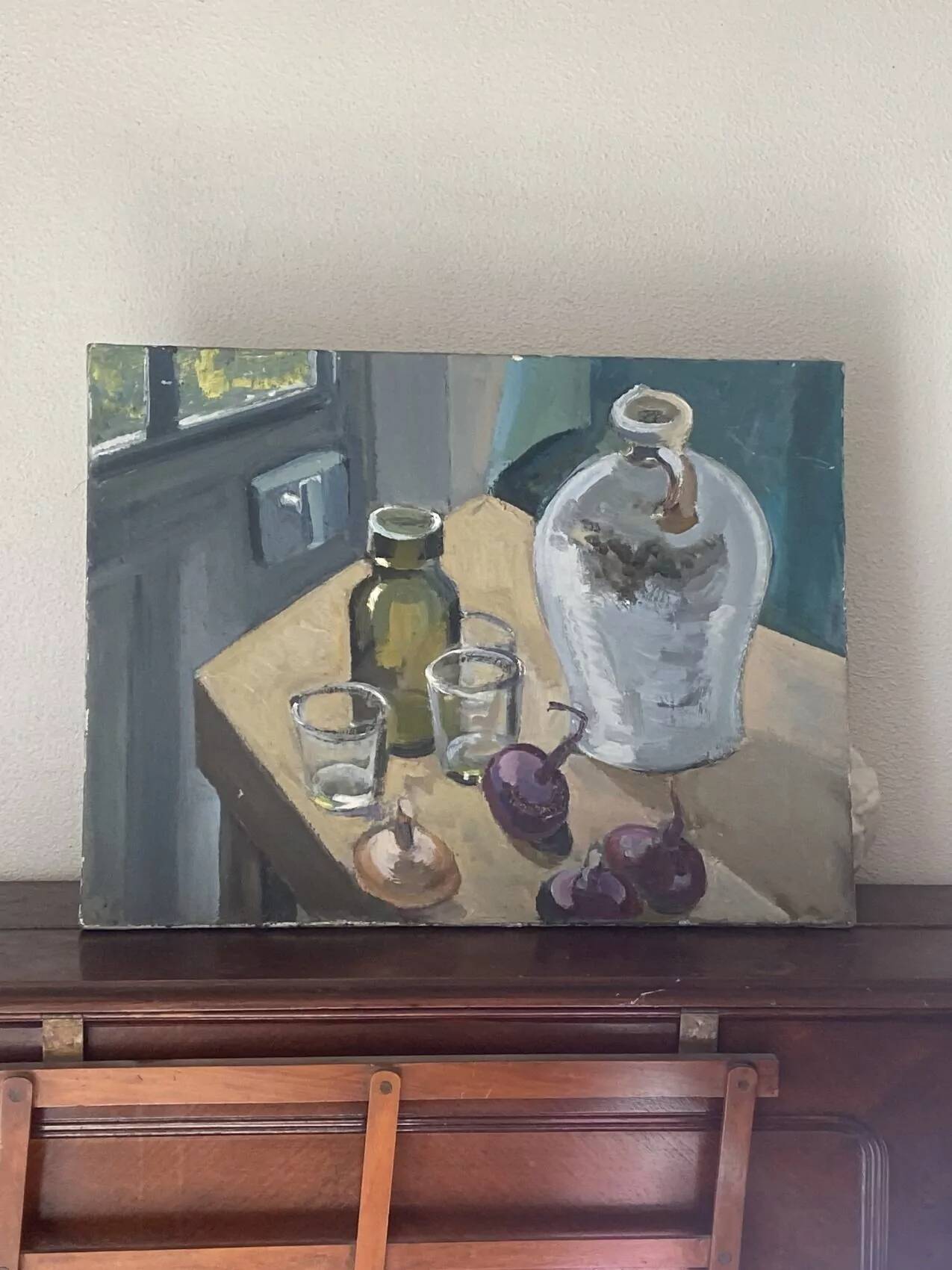 Oil painting on canvas, still life with glasses, 1950s
